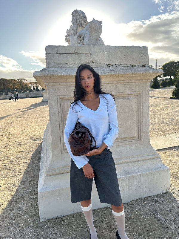 COTTON POWDER BLUE V-NECK LONG SLEEVE