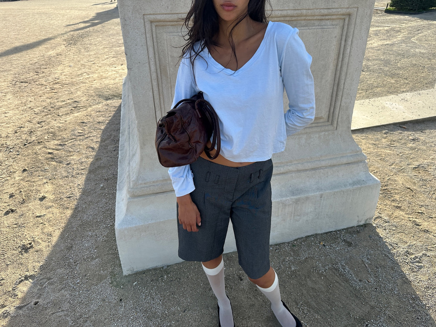 COTTON POWDER BLUE V-NECK LONG SLEEVE