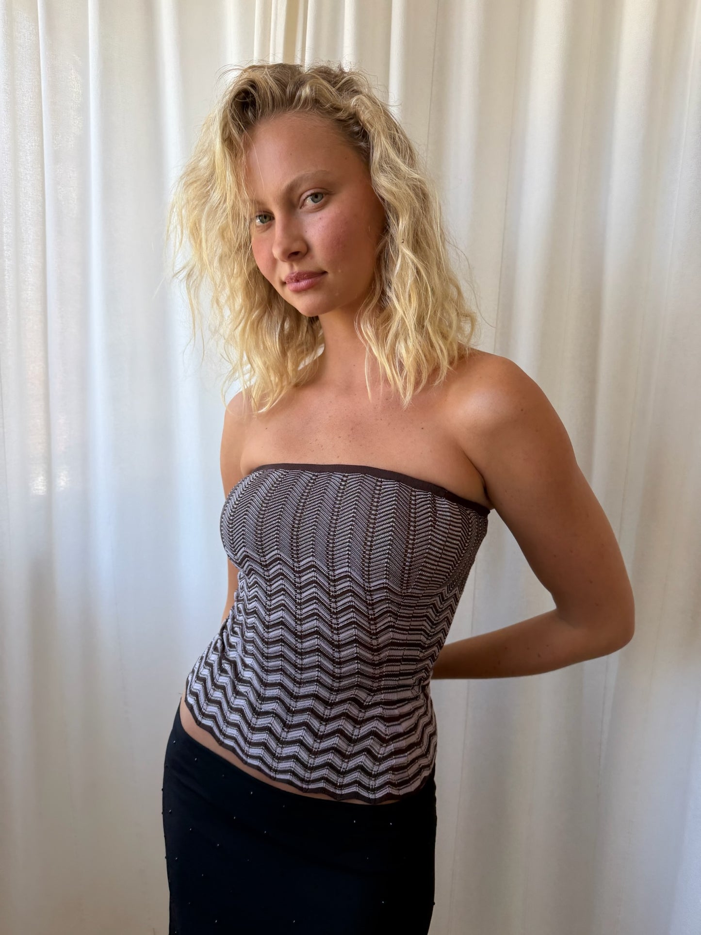 KNIT CHEVRON TUBE TOP - CHOC GREY