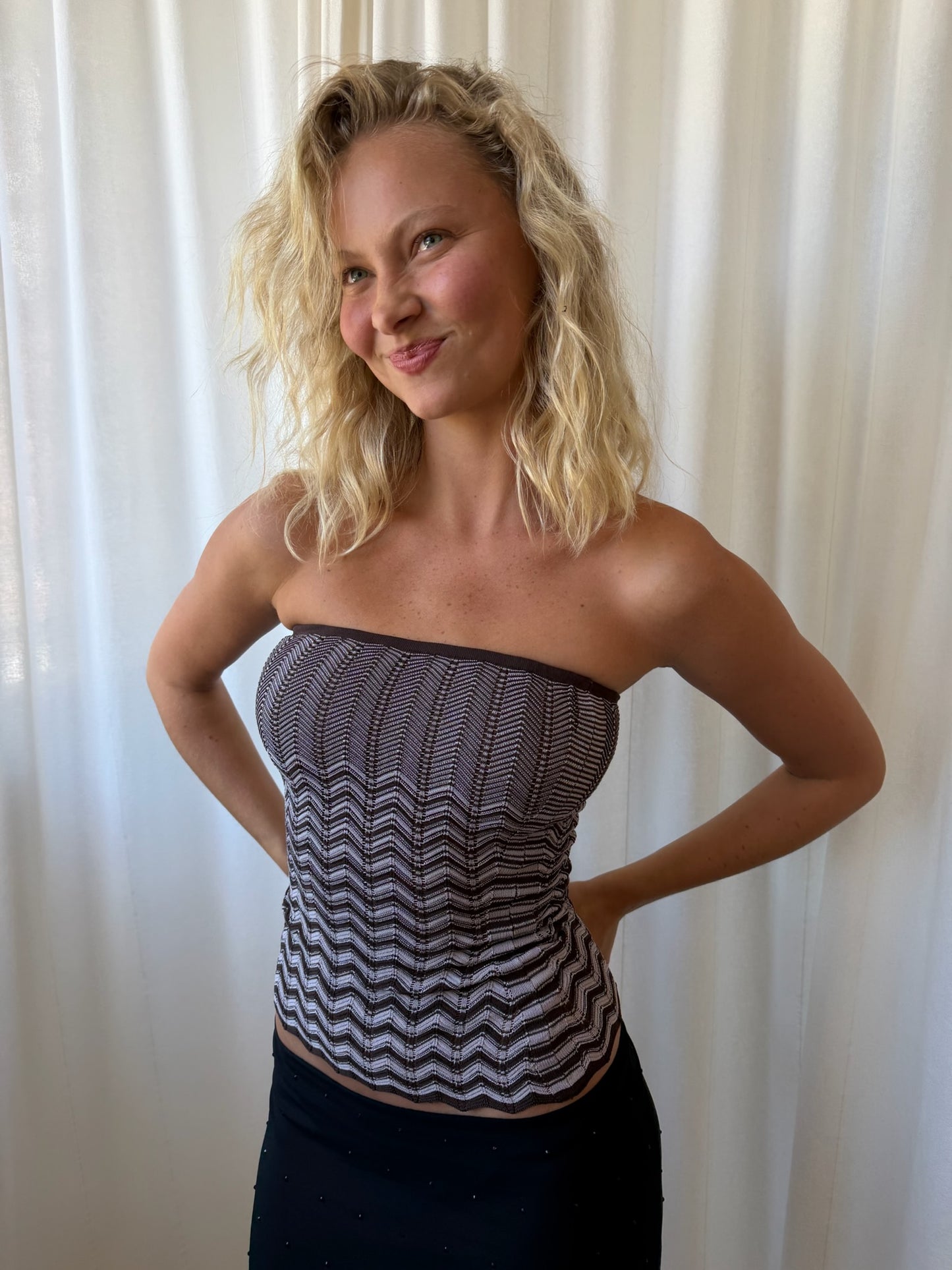 KNIT CHEVRON TUBE TOP - CHOC GREY