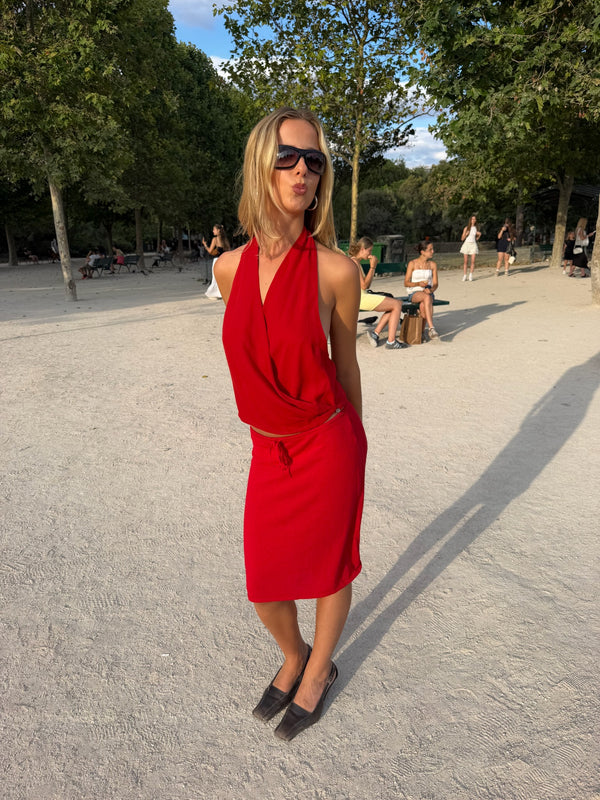 KNIT MIDI SKIRT - RED